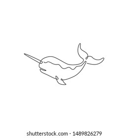 One continuous line drawing of cute narwhal with tusk for marine company logo identity. Unique narwhale mascot concept for fairy creature icon. Single line draw design graphic vector illustration