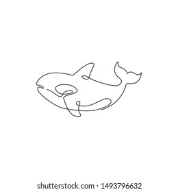 One continuous line drawing of cute orca for marine logo identity. Killer whale mascot concept for sea world show icon. Modern single line draw design vector illustration