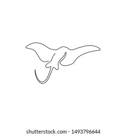 One continuous line drawing of cute stingray for marine logo identity. Large saltwater fish mascot concept for sea world show icon. Modern single line draw design vector illustration