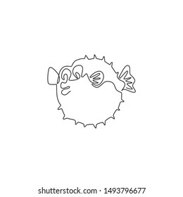 One continuous line drawing of cute pufferfish for aquatic logo identity. Balloon fish mascot concept for fresh seafood icon. Modern single line draw design vector illustration