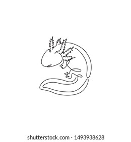 One Continuous Line Drawing Of Cute Axolotl For Company Logo Identity. Water Salamander Mascot Concept For Pet Lover Club Icon. Modern Single Line Draw Design Graphic Vector Illustration