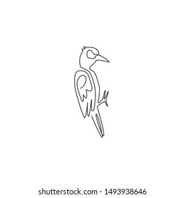 One continuous line drawing of cute woodpecker on tree. Beak drummer bird mascot concept for national zoo icon. Modern single line draw design graphic vector illustration