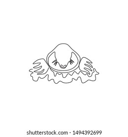 One continuous line drawing of cute lawn mole head out from ground for logo identity. Rodent animal mascot concept for pest control service icon. Modern single line draw design vector illustration