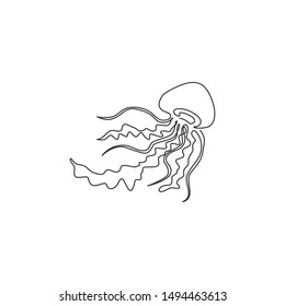 One continuous line drawing of cute jellyfish for company logo identity. Poisonous sea jellies creature mascot concept for aquatic show icon. Modern single line draw design graphic vector illustration