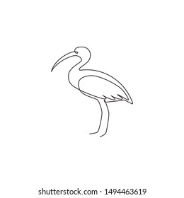 One continuous line drawing of cute ibis for company logo identity. Long legged wading bird mascot concept for national zoo icon. Modern single line draw design vector graphic illustration