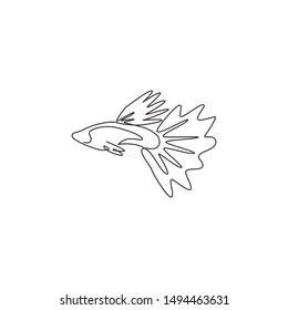 One continuous line drawing of cute guppy fish for logo identity. Millionfish pet mascot concept for aquatic icon. Modern single line draw graphic design vector illustration