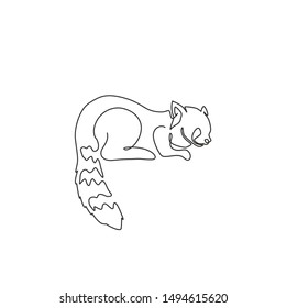 One continuous line drawing of cute red panda for company logo identity. Adorable lesser panda mascot concept for national conservation park icon. Modern single line draw design vector illustration