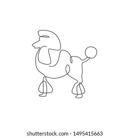 One continuous line drawing of cute poodle dog for company logo identity. Purebred dog mascot concept for pedigree friendly pet icon. Modern single line draw design graphic vector illustration