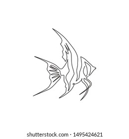 One continuous line drawing of cute freshwater angelfish for company logo identity. Beauty pterophyllum fish mascot concept for aquatic show icon. Modern single line draw design vector illustration