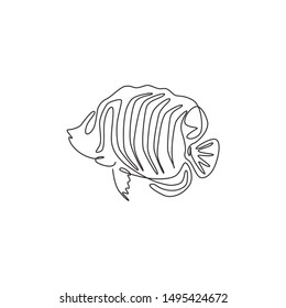 One continuous line drawing of cute regal angelfish for company logo identity. Sea angel fish mascot concept for aquatic show icon. Modern single line draw design vector graphic illustration