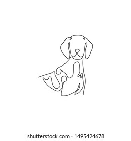 One continuous line drawing of cute german shorthaired pointer for company logo identity. Purebred dog mascot concept for pedigree friendly pet icon. Modern single line draw design vector illustration