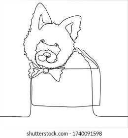 One continuous line drawing of a cute puppy with a bow around his neck is sitting in a box. The concept of a cute gift, pet acquisition, a cute card for dog lovers. Can be used for animation.