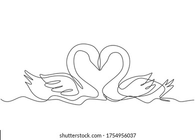 One continuous line drawing of cute swans couple swimming on the lake and their heads formed romantic heart shape. Romantic animal love concept single line graphic draw design vector illustration