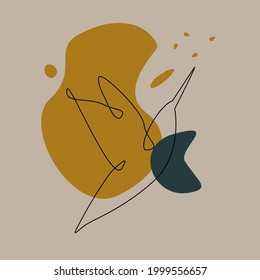One continuous line drawing of cute hummingbird with background of color spots. Hand drawn line art tropical bird. Original line art vector design illustration for cards, poster or other designs