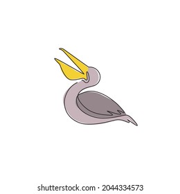 One continuous line drawing of cute pelican for delivery service company logo identity. Large bird mascot concept for product shipping service enterprise. Single line draw design vector illustration