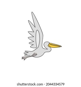 One continuous line drawing of cute pelican for delivery service company logo identity. Large bird mascot concept for product shipping service enterprise. Single line draw vector design illustration
