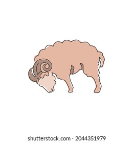 One continuous line drawing of cute sheep for livestock logo identity. Funny lamb mascot emblem concept for cattle icon. Dynamic single line draw graphic design vector illustration
