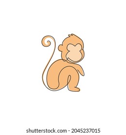 One continuous line drawing of cute sitting monkey for conservation jungle logo identity. Adorable primate animal mascot concept for national park icon. Single line draw design vector illustration