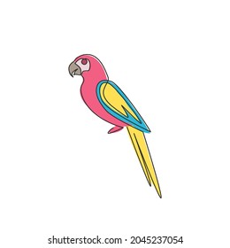 One continuous line drawing of cute parrot bird with long tail for logo identity. Aves animal mascot concept for national conservation park icon. Single line draw design vector graphic illustration