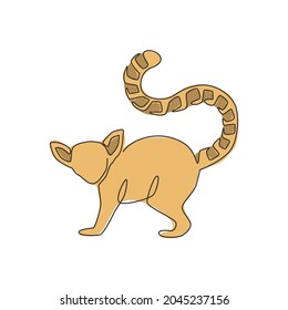 One continuous line drawing of cute lemur with long ring tailed for logo identity. Marsupial animal mascot concept for national zoo icon. Dynamic single line draw design vector graphic illustration