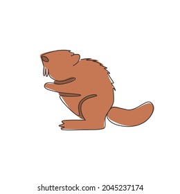 One continuous line drawing of cute standing beaver for logo identity. Funny adorable mammal animal mascot concept for national park icon. Modern single line draw design vector graphic illustration