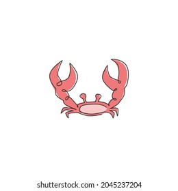 One continuous line drawing of cute crab with big claw for seafood logo identity. Adorable sea animal concept for restaurant icon. Trendy single line draw design graphic vector illustration