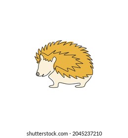 One continuous line drawing of cute little hedgehog for logo identity. Adorable mini spiky rodent animal concept for national zoo icon. Trendy single line draw design graphic vector illustration