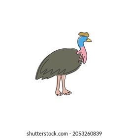 One continuous line drawing of cute cassowary for company logo identity. Flightless beautiful bird mascot concept for national zoo icon. Modern single line draw design vector graphic illustration