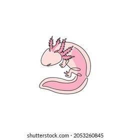 One continuous line drawing of cute axolotl for company logo identity. Water salamander mascot concept for pet lover club icon. Modern single line draw design graphic vector illustration