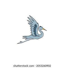 One continuous line drawing of cute flying heron for company logo identity. Coastal bird mascot concept for national park icon. Modern single line draw graphic design vector illustration