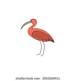 Un trazo de línea continua de Ibis lindo para la identidad del logo de la compañía. Concepto de mascota de ave de malla de piernas largas para el ícono nacional del zoológico. Ilustración gráfica vectorial de diseño de trazos de línea única moderna