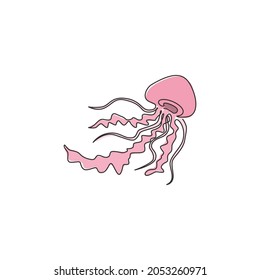 One continuous line drawing of cute jellyfish for company logo identity. Poisonous sea jellies creature mascot concept for aquatic show icon. Modern single line draw design graphic vector illustration