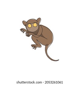 One Continuous Line Drawing Of Cute Tarsier For Company Logo Identity. Little Monkey With Big Eyes Mascot Concept For National Zoo Icon. Modern Single Line Draw Design Graphic Vector Illustration