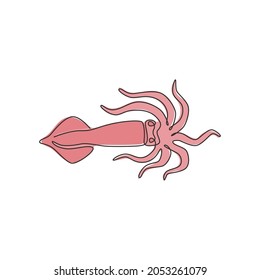 One continuous line drawing of cute squid for seafood logo identity. Sea cuttlefish mascot concept for Chinese restaurant icon. Modern single line draw design vector illustration