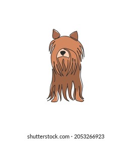 One continuous line drawing of cute yorkshire terrier dog for company logo identity. Purebred dog mascot concept for pedigree friendly pet icon. Modern single line draw design vector illustration