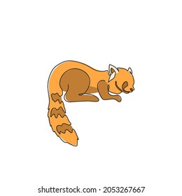 One continuous line drawing of cute red panda for company logo identity. Adorable lesser panda mascot concept for national conservation park icon. Modern single line draw design vector illustration