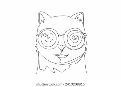 One continuous line drawing of cute cat wearing hypnotism glasses. Adorable feline pet trying to hypnotizing people. World hypnotism day. World annual event, celebrating. Single line draw vector art
