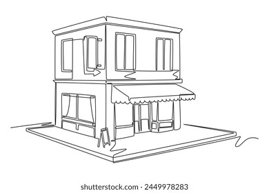One continuous line drawing of cute house or small building concept. Doodle vector illustration in simple linear style.	