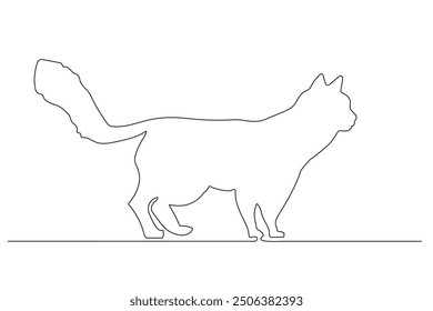 One continuous line drawing cute cat pet. International cat day. White background vector illustration.