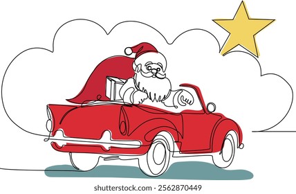 One continuous line drawing Cute Cartoon Santa Claus in retro car driving gifts for children on Eve Christmas. Concept for Christmas and New Year. Vector illustration