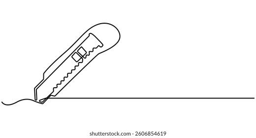 One continuous line drawing of cutter . Single line of cutter vector illustration, One single line drawing of man holding cutter knife. Handyman tools concept. Continuous line draw vector design.