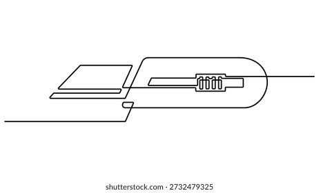 Um desenho de linha contínua de cortador . Única linha de ilustração vetorial de cortador. Utility knife box cutter tool vetor art. Um único desenho de linha do homem segurando a faca de corte. Conceito de ferramentas Handyman