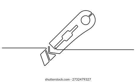 Um desenho de linha contínua de cortador . Única linha de ilustração vetorial de cortador. Utility knife box cutter tool vetor art. Um único desenho de linha do homem segurando a faca de corte. Conceito de ferramentas Handyman
