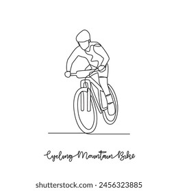 One continuous line drawing of Cycling mountain bike sports vector illustration. Cycling mountain bike sports design in simple linear continuous style vector concept. suitable for asset design vector.