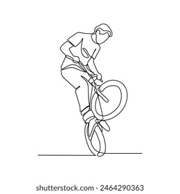 One continuous line drawing of Cycling freestyle BMX vector illustration. Cycling freestyle BMX design in simple linear continuous style vector concept. Sports themes design for your asset design