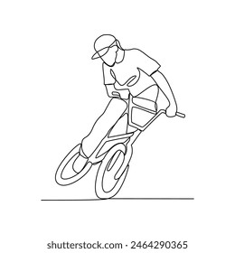 One continuous line drawing of Cycling freestyle BMX vector illustration. Cycling freestyle BMX design in simple linear continuous style vector concept. Sports themes design for your asset design