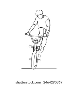 One continuous line drawing of Cycling freestyle BMX vector illustration. Cycling freestyle BMX design in simple linear continuous style vector concept. Sports themes design for your asset design