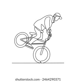 One continuous line drawing of Cycling freestyle BMX vector illustration. Cycling freestyle BMX design in simple linear continuous style vector concept. Sports themes design for your asset design