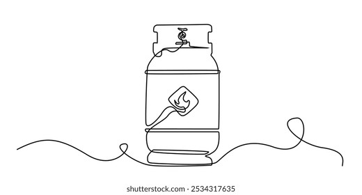 one continuous line drawing of cylindrical gas tank.one line drawing of cylindrical gas tank with fire sign.single line vector illustration.isolated white background