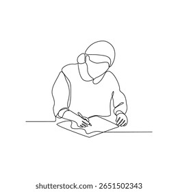 One continuous line drawing of a daily business woman activity vector illustration. working activity in simple linear style vector design concept. Suitable for business purpose and design asset.